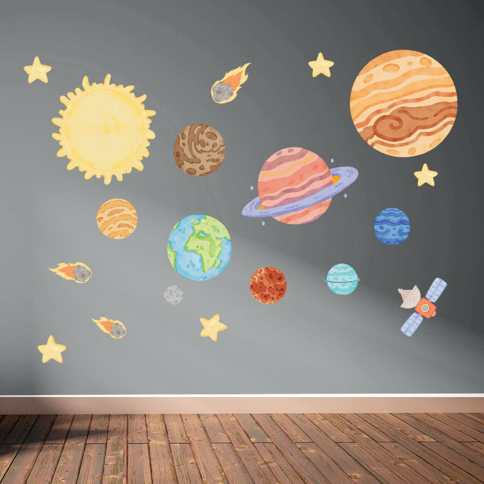 Repositionable Space Wall Stickers - Galaxy Stars Planets Decals Kids Room Decor L200