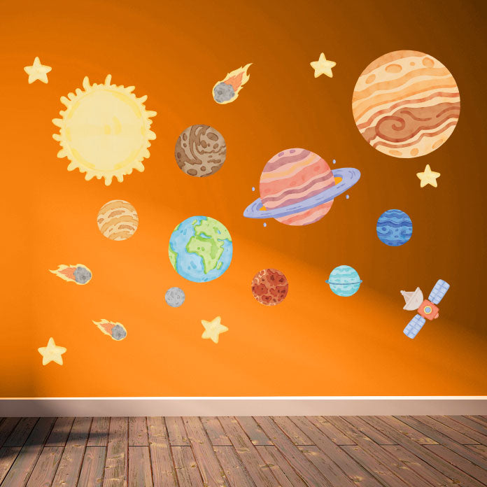 Repositionable Space Wall Stickers - Galaxy Stars Planets Decals Kids Room Decor L200