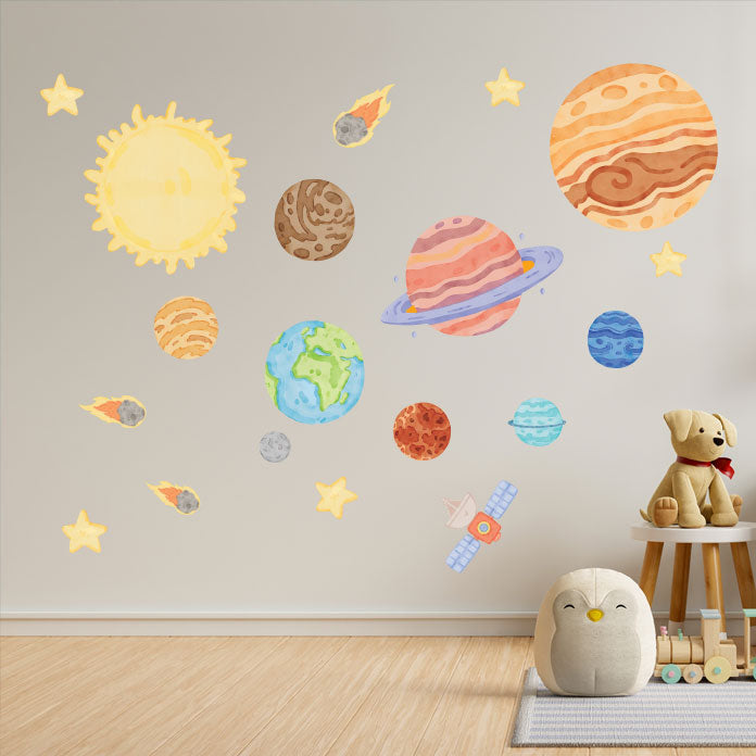 Repositionable Space Wall Stickers - Galaxy Stars Planets Decals Kids Room Decor L200
