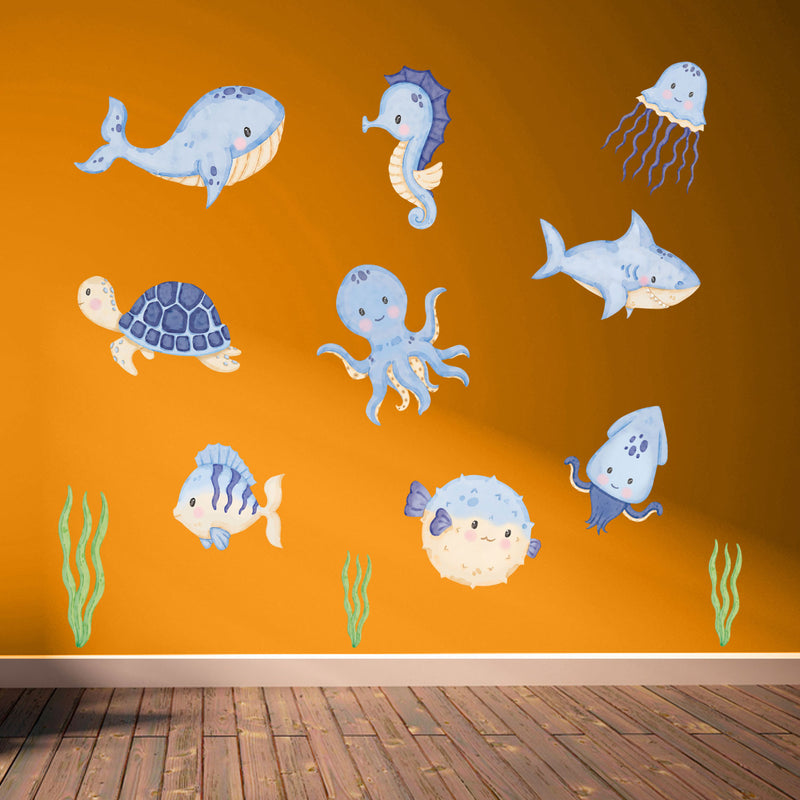 Repositionable Sea Animals Wall Stickers - Ocean Creatures Decals Kids Room Decor L202