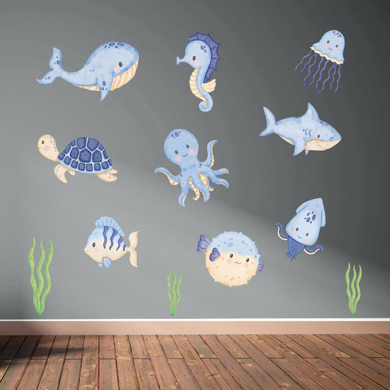 Repositionable Sea Animals Wall Stickers - Ocean Creatures Decals Kids Room Decor L202