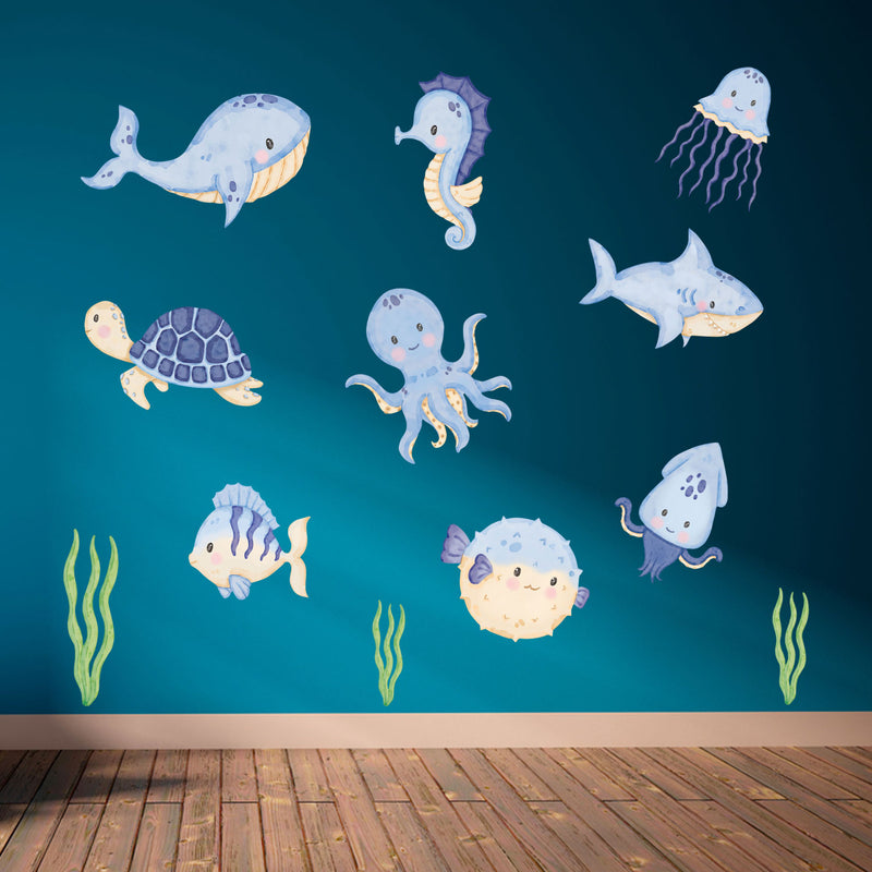 Repositionable Sea Animals Wall Stickers - Ocean Creatures Decals Kids Room Decor L202