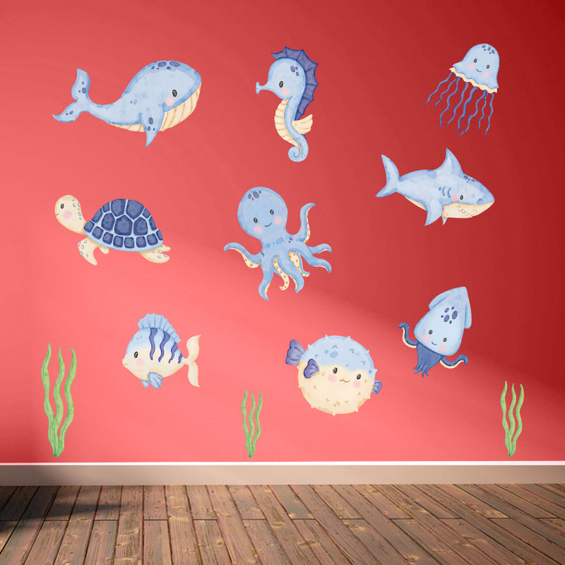 Repositionable Sea Animals Wall Stickers - Ocean Creatures Decals Kids Room Decor L202