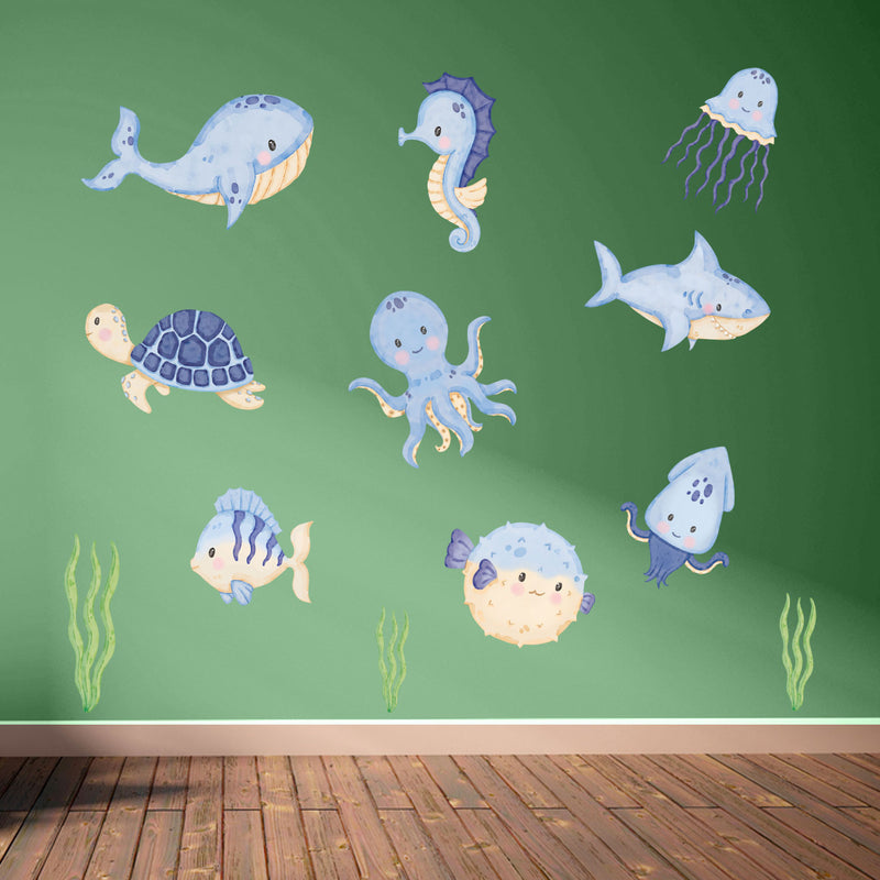 Repositionable Sea Animals Wall Stickers - Ocean Creatures Decals Kids Room Decor L202