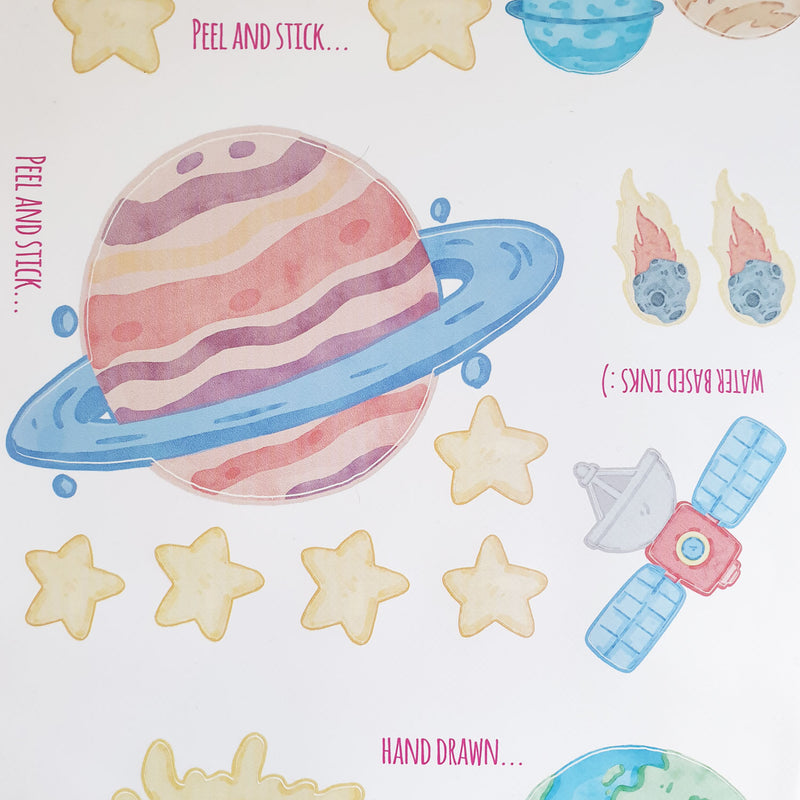 Repositionable Space Wall Stickers - Galaxy Stars Planets Decals Kids Room Decor L200