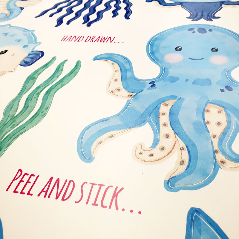Repositionable Sea Animals Wall Stickers - Ocean Creatures Decals Kids Room Decor L202
