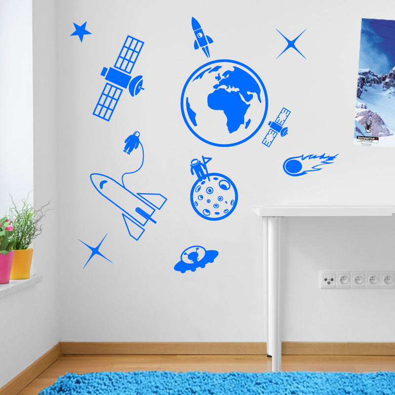 Earth Space Ship Rocket Satellite Wall Window Stickers Decals Kids Decor A137