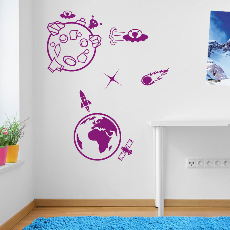 Earth Moon Alien Rocket Meteor Space Wall Window Stickers Decals Kids Decor A138