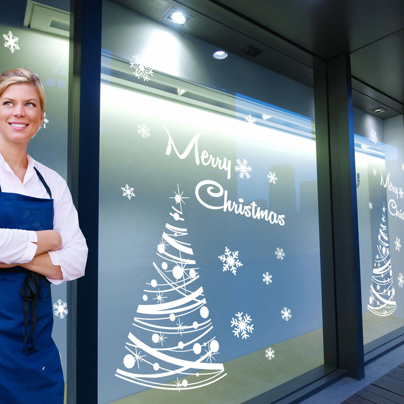 Merry Christmas Xmas Tree Display Snow Flakes Window & Wall Decals Stickers A294