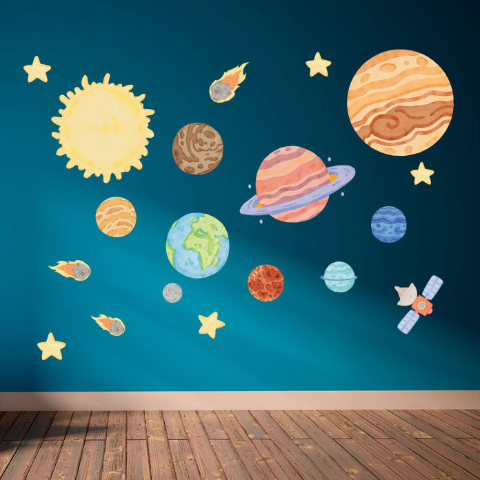 Repositionable Space Wall Stickers - Galaxy Stars Planets Decals Kids Room Decor L200