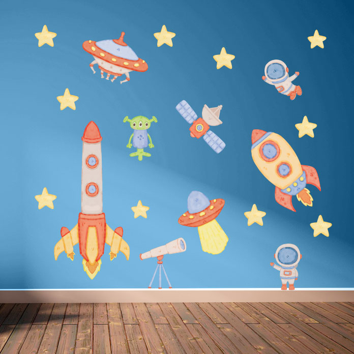 Repositionable Space Wall Stickers - Rockets Stars Planets Decals Kids Room Decor L201