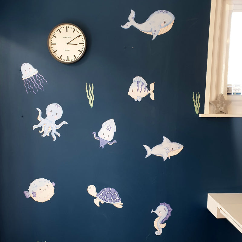 Repositionable Sea Animals Wall Stickers - Ocean Creatures Decals Kids Room Decor L202