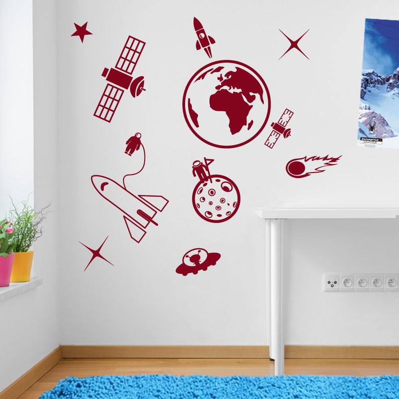 Earth Space Ship Rocket Satellite Wall Window Stickers Decals Kids Decor A137